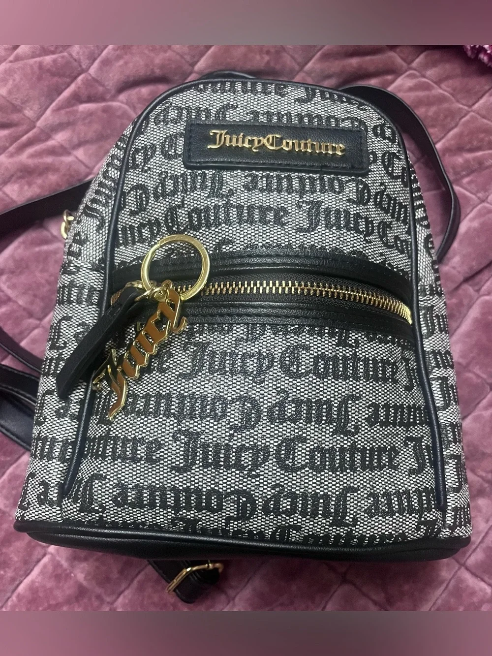 Juicy Couture Mini Backpack & Matching Wallet Black White Gothic Script EUC